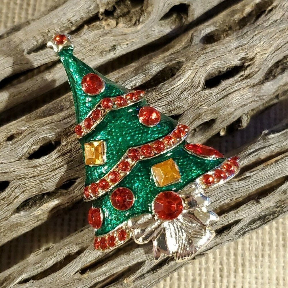 Christmas Tree Red Green Silver Rhinestone Enamel Sweater Pin Brooch - Picture 3 of 5